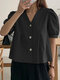 Solid Puff Sleeve Button Front V-neck Casual Blouse - Black