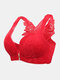 Plus Size Wireless Rose Embroidery Back Front Closure Lace Thin Gather Comfy Bras - Red