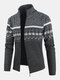 Mens Tribal Print Knitted Zipper Up Thick Rib Hem Casual Sweater Cardigan - Dark Gray