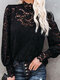 Lace Solid High Neck Long Sleeve Blouse For Women - Black