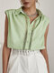 Solid Hollow Button Sleeveless Pleated Lapel Blouse For Women - Green
