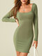 Solid Color Long Sleeve Square Collar Mini Sexy Dress - Green