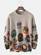 Mens Cartoon Drama Figure Print Round Neck Casual Loose Pullover Sweater - Khaki