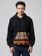 Mens Fashion National Style Printing Pactchwork Long Sleeve Pullover Hoodie - Black