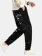 Mens Chinese Style Crane Embroidery Winter Fleece Lined Warm Slim Fit Track Pants - Black