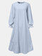 Einfarbig Patchwork O-Ausschnitt Ruff Long Sleeve Kleid - Blau