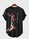 पुरुषों के लिए चीनी प्लम बॉसम प्रिंट घुमावदार हेम शॉर्ट स्लीव टी-शर्ट - काली