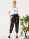 Flower Print Pockets Casual Women Lounge Elastic Waist Pants - Navy