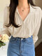 Solid Folds Lapel Long Sleeve Button Down Shirt For Women - Beige