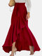 Solid Color Ruffle Waistband Asymmetrical Long Elegant Skirt for Women - Red