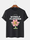 Mens Cartoon Floral Slogan Print Crew Neck Short Sleeve T-Shirts - Black