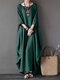 Vintage Women Solid 3/4 Sleeve Loose Maxi Dress with Pocket - Green