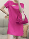 Solid Short Sleeve Hollow Crew Neck Casual Dress - Rose