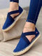 Plus Size Comfy Suede Woven Elastic Band Flat Espadrilles Shoes For Women - Blue