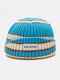 Unisex Knitted Color Contrast Striped Letter Pattern Label Brimless Beanie Landlord Cap Skull Cap - Blue