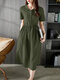 Solid Drawstring Waist Pocket Short Sleeve Vintage Dress - Dark Green
