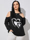 Plus Size Cold Shoulder Graphic Heart Long Sleeves Tee - Black