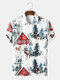 Mens Elk Tree Cabin Print Christmas Button Holiday Short Sleeve Shirts - White