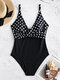 Women Swimsuits Polka Dot Deep-V Backless One Piece Swimwear - Black