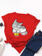 Cartoon Cat Printed O-neck Short Sleeve T-shirt - Red