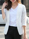 Solid Lapel Pocket Button Front 3/4 Sleeve Blazer - White