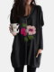 Flower Printed Long Sleeve V-neck Pocket Blouse For Women - Black