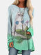 Cartoon Print Contrast Color Long Sleeve Blouse For Women - Green