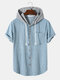 Mens Corduroy Solid Color Short Sleeve Contrast Hooded Shirts - Blue