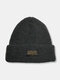 Men Knitted Solid Color Letter Pattern Cloth Label Fashion Warmth Beanie Hat - Dark Gray