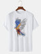 Mens Solid Color Colorful Bird Print Loose Casual Round Neck T-Shirts - White