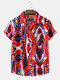 Mens Colorful Abstract Geo Print Revere Collar Short Sleeve Shirts - Red