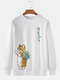 Mens Cute Cat Japanese Print Daily Pullover Sweatshirts - White