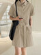 Solid Button Front Pocket Cargo Shirt Dress With Belt - Apricot