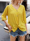 Solid Color V-neck Button Three Quarter Sleeve Casual T-shirt For Women - Yellow