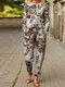 Casual Floral Pattern Elastic Waist Cotton Two-piece Set Suit - Yellow