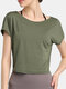 Solid Color Short Sleeve O-neck Sport Crop Top - Green