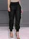 Women Solid High Waist Casual Cargo Pants With Pocket - Black