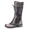 SOCOFY Embossed Rose Pattern Genuine Leather Splicing Metal Buckle Mid Calf Boots - Gray