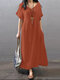 Solide Tasche V-Ausschnitt Kurzarm Maxi Vintage Kleid - Orange