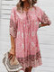 Bohemian Flower Print O-neck Knotted Half Sleeve Women Holiday Dress - Pink