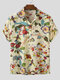 Mens Allover Floral Print Half Button Cotton Henley Shirt - Apricot