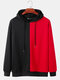 Mens Two Tone Contrast Color Patchwork Drawstring Pullover Hoodie - Red