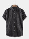 Mens Striped Print Short Sleeve Lapel Holiday Shirt - Black