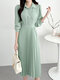 Solid Pleated Lapel Collar Front Buttons Graceful Midi Dress - Green