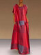Plaid Kurzarm Plus Größe A-Linie Kleid mit Taschen - rot