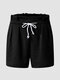Solid Ruffle Elastic Waist Pocket Drawstring Shorts For Women - Black