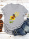 Butterfly Flower Print Short Sleeve T-shirt For Women - Light Grey