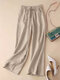 Women Solid Drawstring Waist Cotton Casual Straight Pants - Apricot