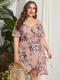 Flowers Print Straps Knotted Plus Size Midi Dress - Pink