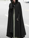 Women Solid Color Button Design Hooded Cloak Coat - Black